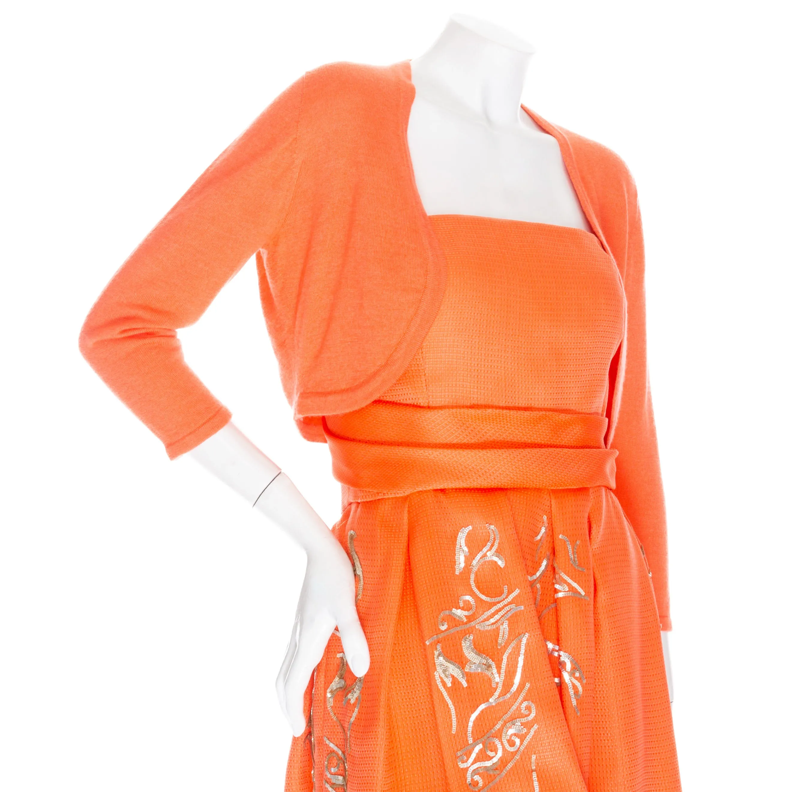 2014 Orange Silk Gold Sequin Dress and Cashmere Bolero Cardigan Set