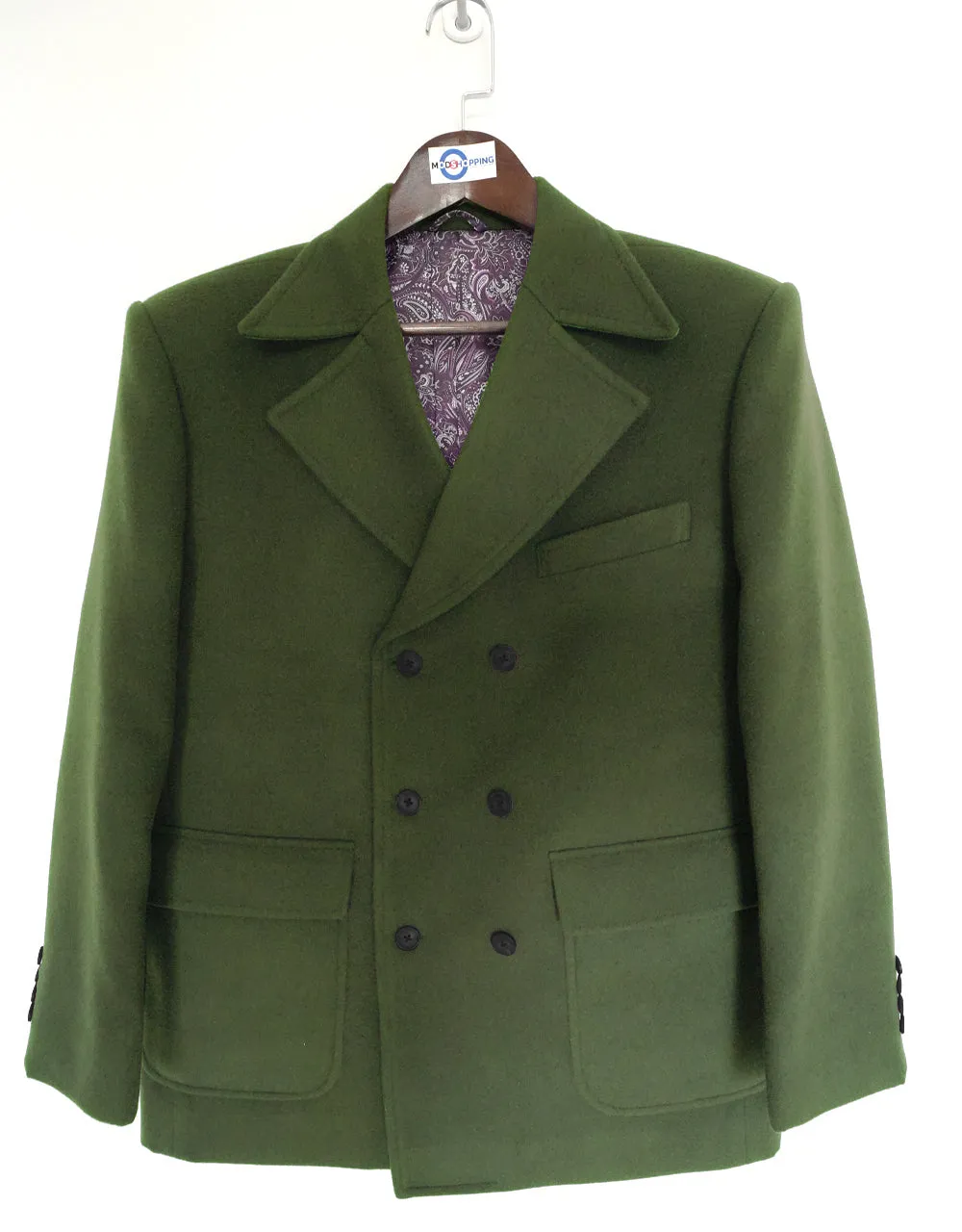 60's Retro Olive Green Double Breasted Pea Coat