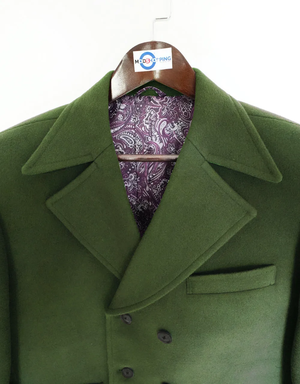 60's Retro Olive Green Double Breasted Pea Coat