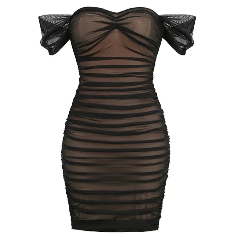 A&A Off The Shoulder Mesh Ruched Midi Bodycon  Dress