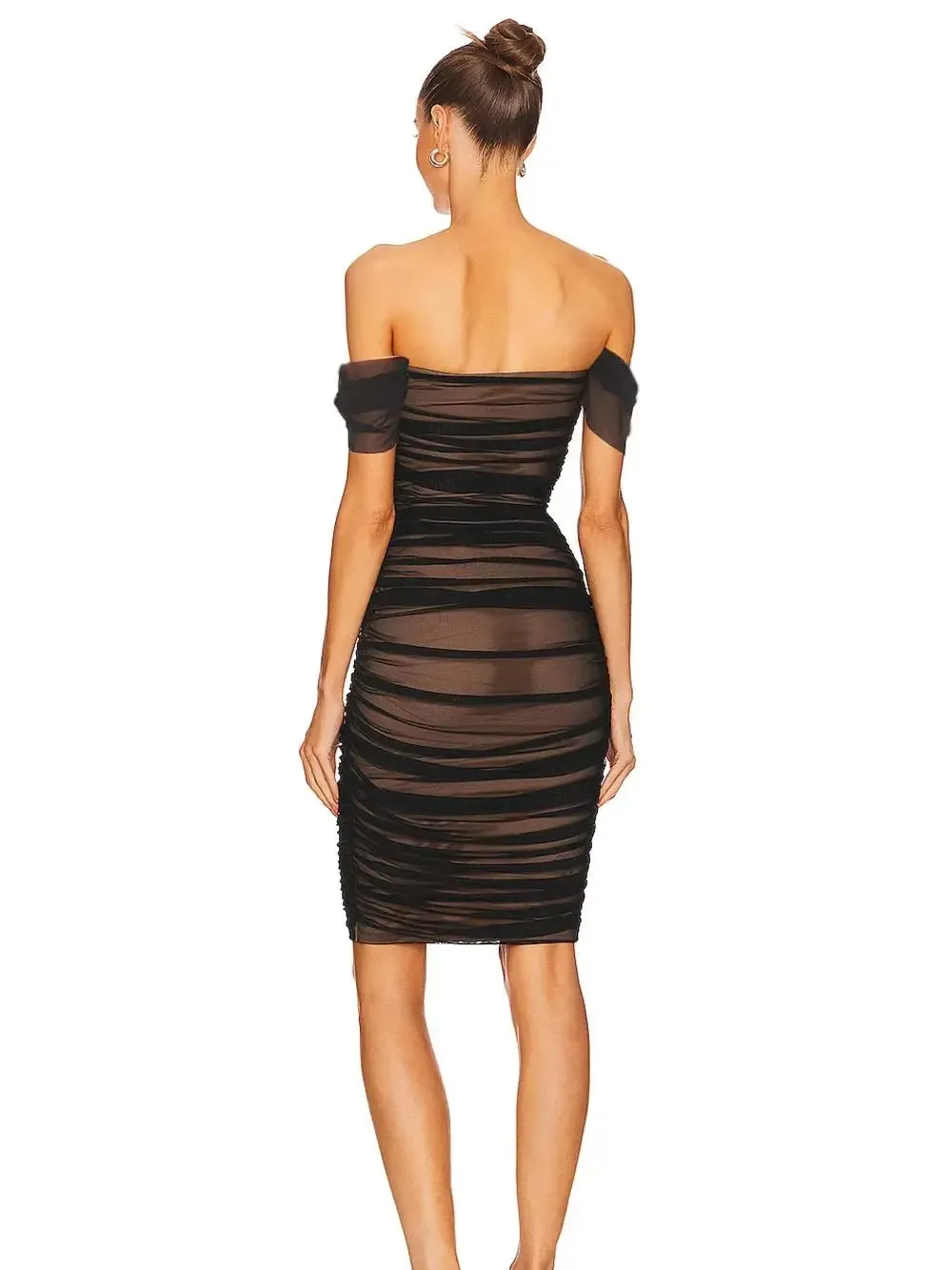 A&A Off The Shoulder Mesh Ruched Midi Bodycon  Dress