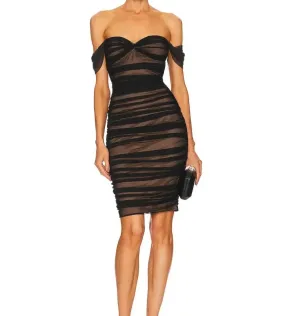 A&A Off The Shoulder Mesh Ruched Midi Bodycon  Dress