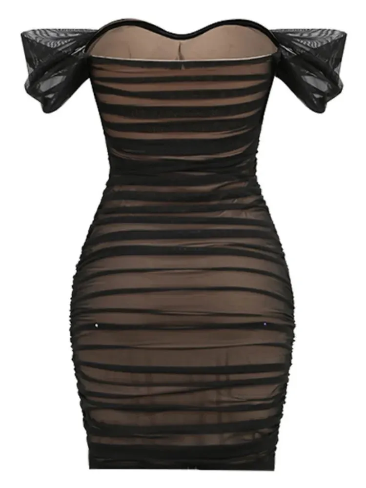 A&A Off The Shoulder Mesh Ruched Midi Bodycon  Dress