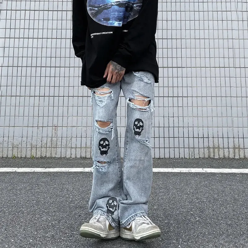 Advbridge American Vintage Men Skinny Ripped Jeans Y2k Street Fashion Skull Print Black Jeans Women High Waist Straight Cargo Pants Denim