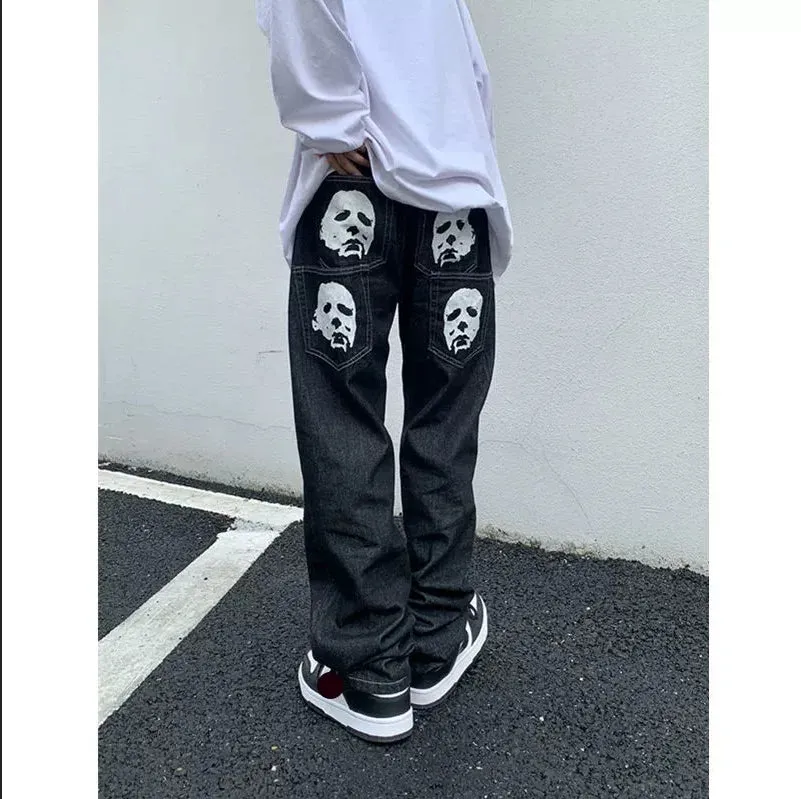 Advbridge American Vintage Men Skinny Ripped Jeans Y2k Street Fashion Skull Print Black Jeans Women High Waist Straight Cargo Pants Denim