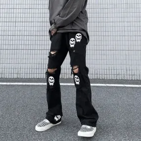 Advbridge American Vintage Men Skinny Ripped Jeans Y2k Street Fashion Skull Print Black Jeans Women High Waist Straight Cargo Pants Denim