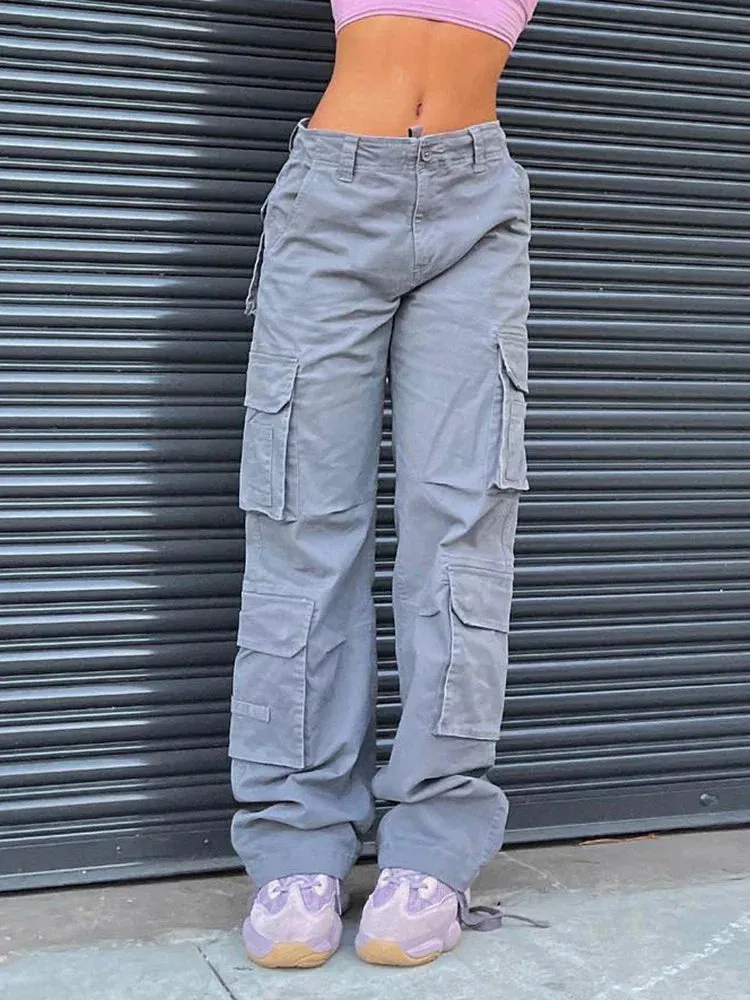 Advbridge  -  Vintage Summer Womens Grey Cargo Pants High Waist Wide Leg Jeans Baggy Casual Fashion Multiple Pockets Mom Hip Hop Street Style