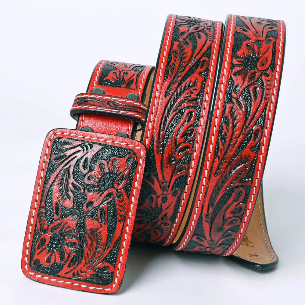 American Darling Western Floral Hand-Tooled Leather Belt in Red Clay