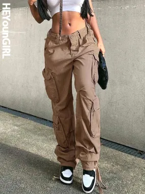 Amozae Harajuku Hip Hop Casual Low Waist Cargo Pans Women Khaki Pocket Fashion Jeans Ladies Cotton Streetwear Denim Trousers