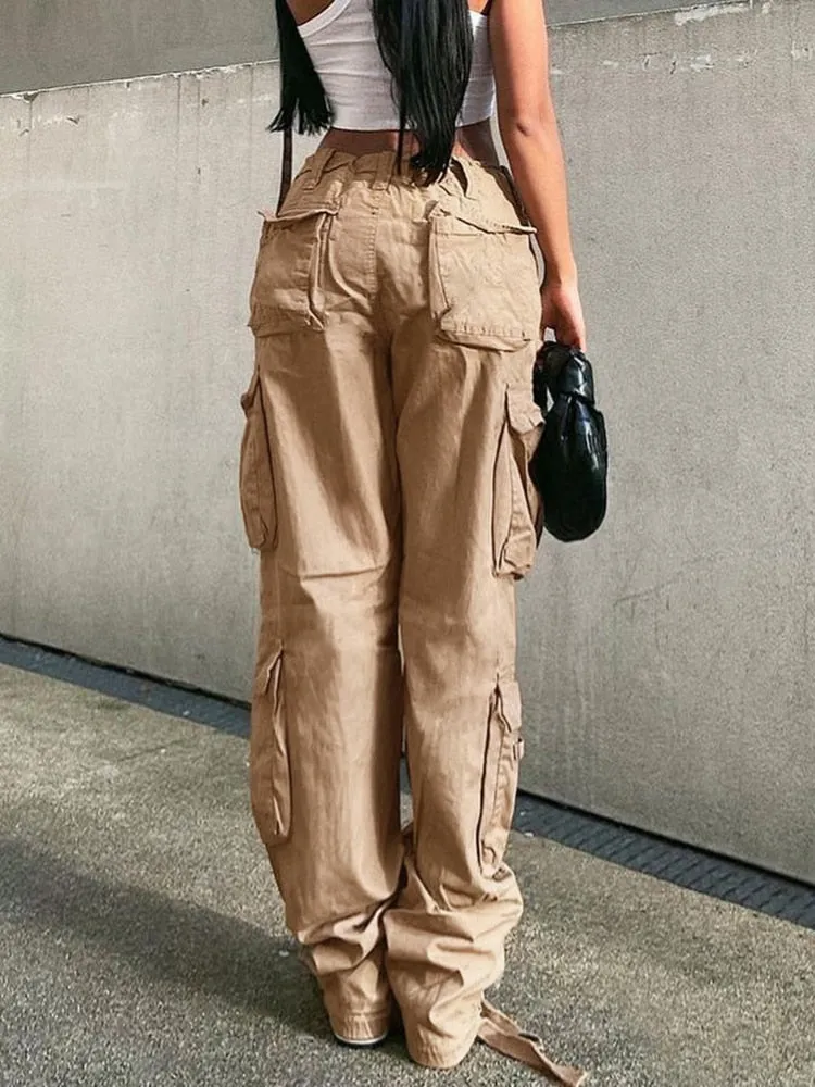 Amozae Harajuku Hip Hop Casual Low Waist Cargo Pans Women Khaki Pocket Fashion Jeans Ladies Cotton Streetwear Denim Trousers