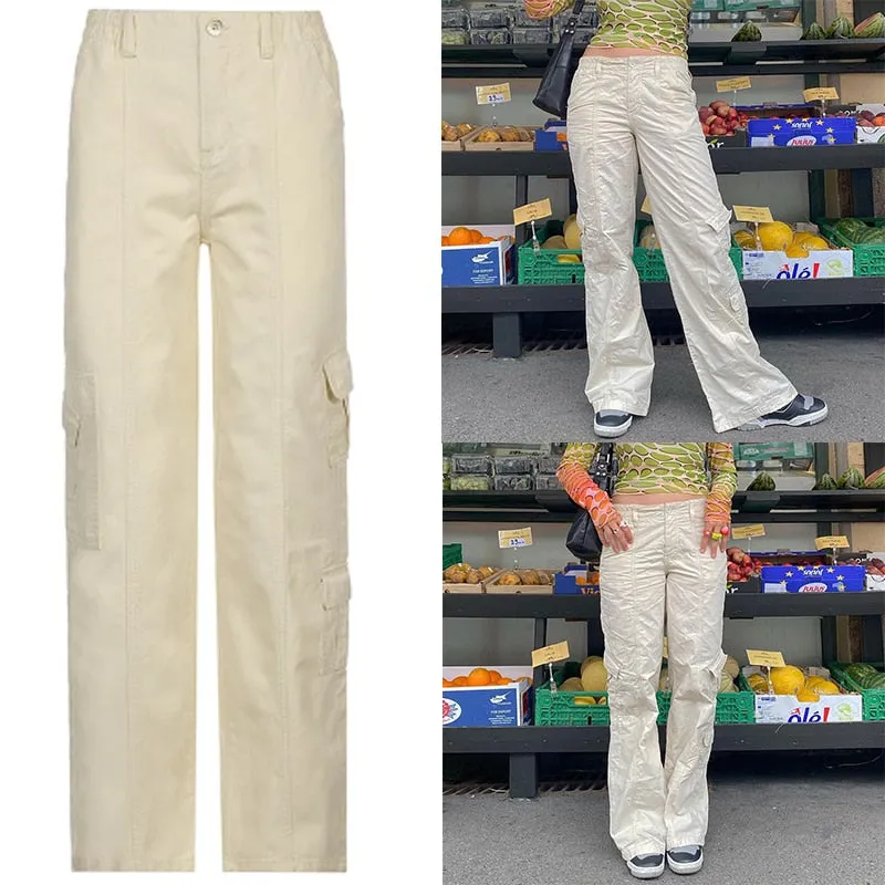 Amozae  Khaki Side Big Pockets Wide Leg Straight Jeans Women Solid Casual Oversized Baggy Denim Pants Mom Street Cargo Pants