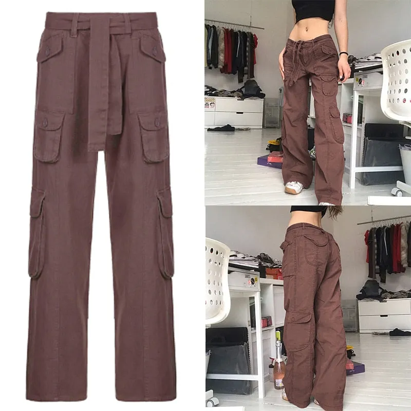 Amozae  Khaki Side Big Pockets Wide Leg Straight Jeans Women Solid Casual Oversized Baggy Denim Pants Mom Street Cargo Pants