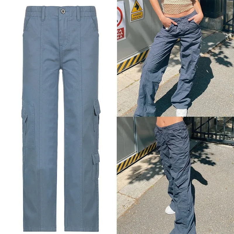 Amozae  Khaki Side Big Pockets Wide Leg Straight Jeans Women Solid Casual Oversized Baggy Denim Pants Mom Street Cargo Pants