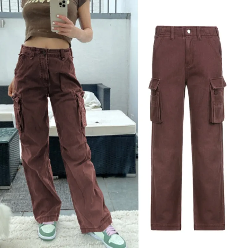 Amozae  Khaki Side Big Pockets Wide Leg Straight Jeans Women Solid Casual Oversized Baggy Denim Pants Mom Street Cargo Pants