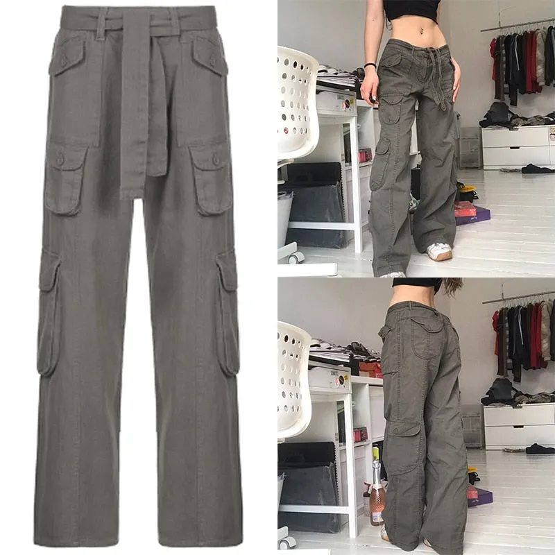 Amozae  Khaki Side Big Pockets Wide Leg Straight Jeans Women Solid Casual Oversized Baggy Denim Pants Mom Street Cargo Pants