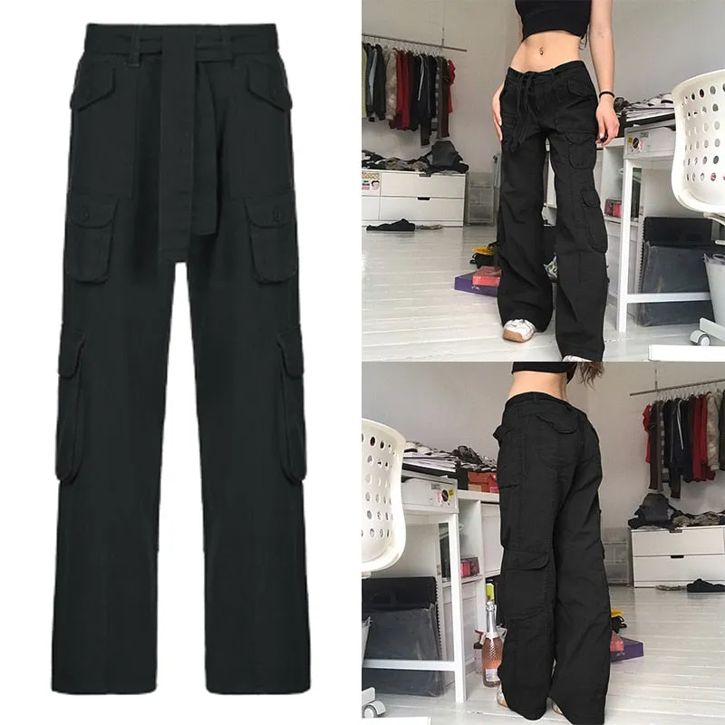 Amozae  Khaki Side Big Pockets Wide Leg Straight Jeans Women Solid Casual Oversized Baggy Denim Pants Mom Street Cargo Pants