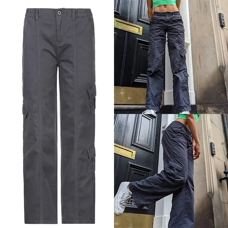 Amozae  Khaki Side Big Pockets Wide Leg Straight Jeans Women Solid Casual Oversized Baggy Denim Pants Mom Street Cargo Pants