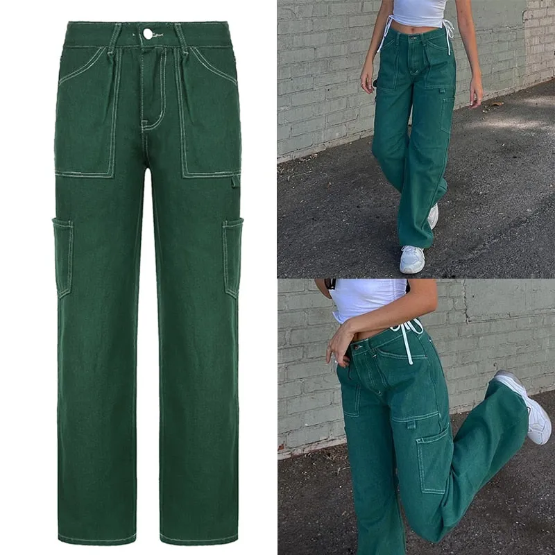 Amozae  Khaki Side Big Pockets Wide Leg Straight Jeans Women Solid Casual Oversized Baggy Denim Pants Mom Street Cargo Pants