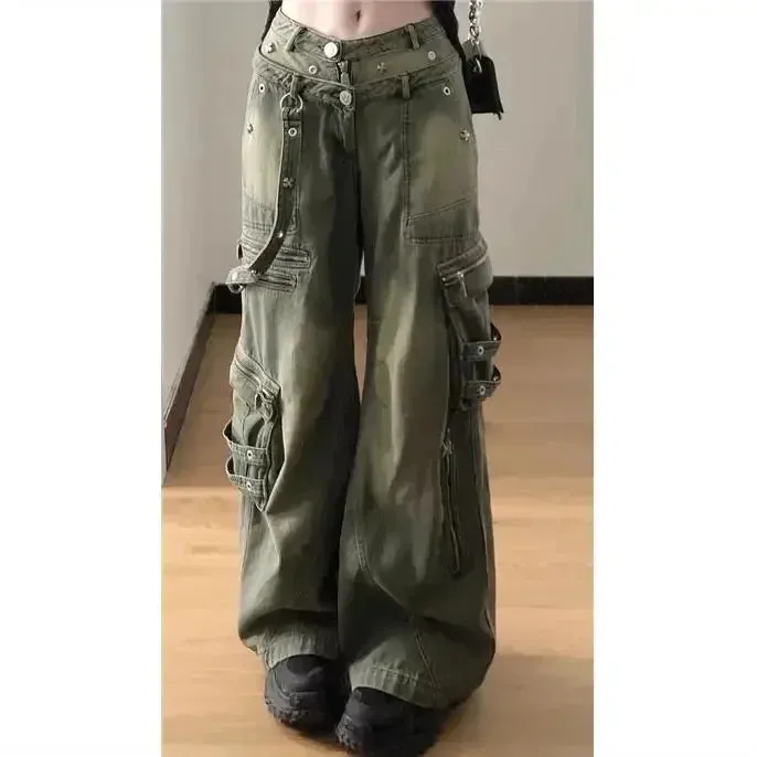 Amozae-Loose Retro Washed Cargo Jeans Streetwear Women Zipper Baggy Pants Hiphop Straight Pants Multi-pocket Wide Leg Jeans Women