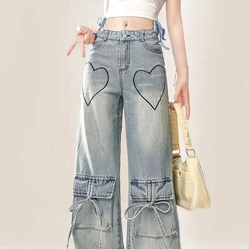 Amozae-Pants Multi-Pocket Love Laces High Waist 2024 Blue Women'S Fashion Harajuku Straight Leg Jeans Baggy Large Size Denim Overalls