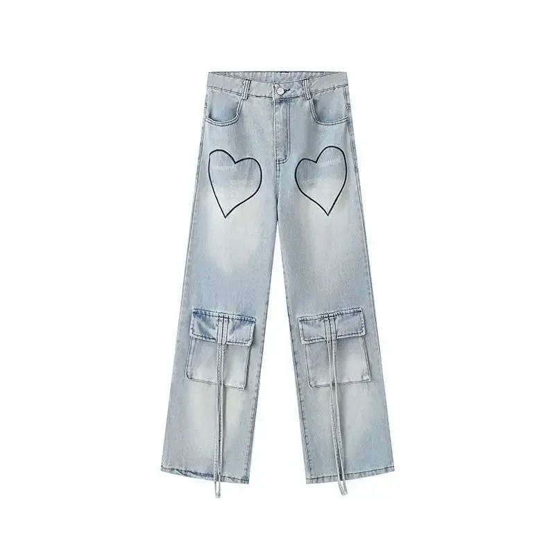 Amozae-Pants Multi-Pocket Love Laces High Waist 2024 Blue Women'S Fashion Harajuku Straight Leg Jeans Baggy Large Size Denim Overalls