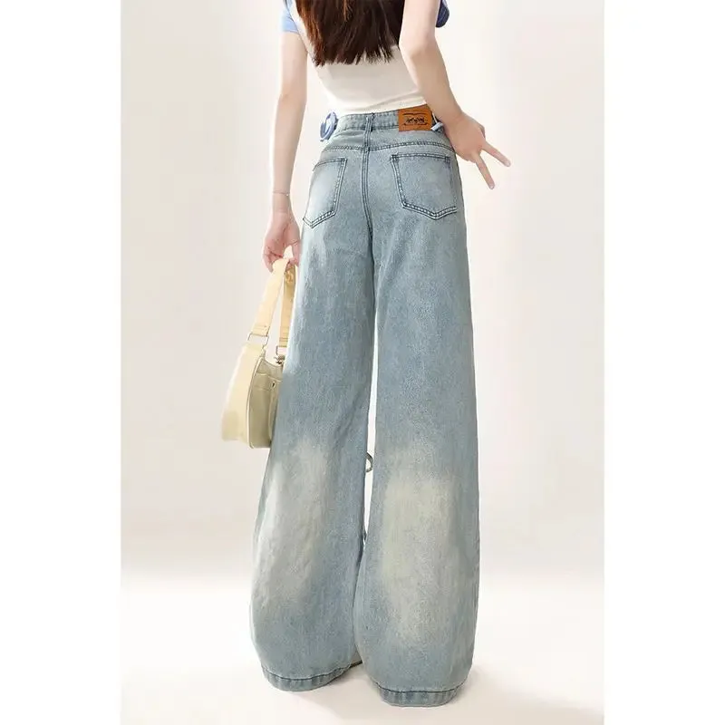 Amozae-Pants Multi-Pocket Love Laces High Waist 2024 Blue Women'S Fashion Harajuku Straight Leg Jeans Baggy Large Size Denim Overalls