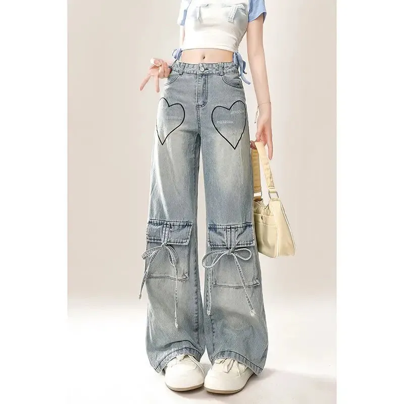 Amozae-Pants Multi-Pocket Love Laces High Waist 2024 Blue Women'S Fashion Harajuku Straight Leg Jeans Baggy Large Size Denim Overalls