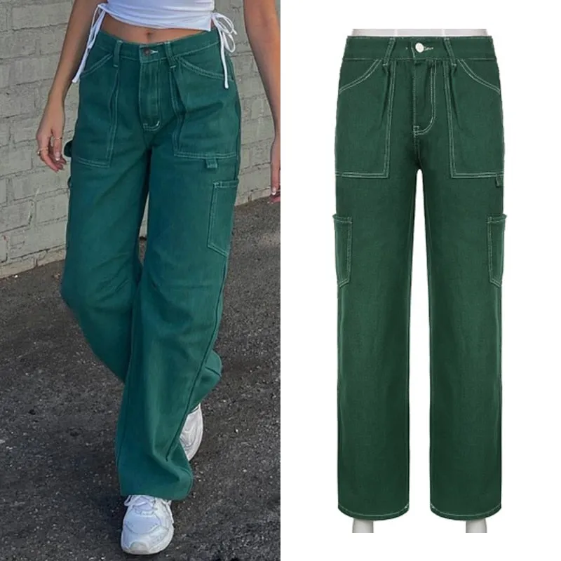 Amozae-  Vintage Khaki Wide Leg Cargo Jeans High Waist Big Pockets Baggy Denim Trousers Casual Oversized Pants Street Sweatpants