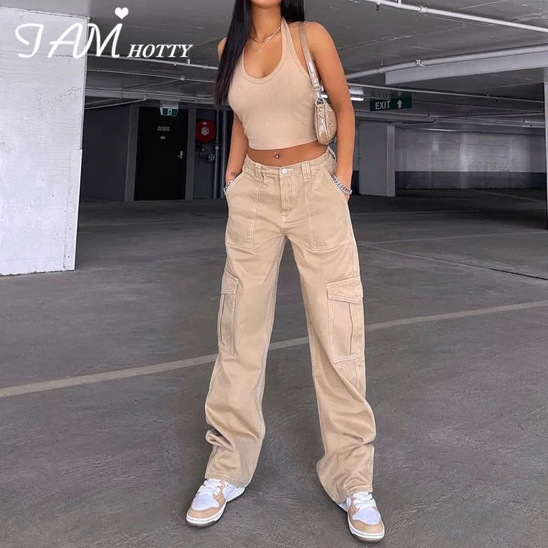 Amozae-  Vintage Khaki Wide Leg Cargo Jeans High Waist Big Pockets Baggy Denim Trousers Casual Oversized Pants Street Sweatpants