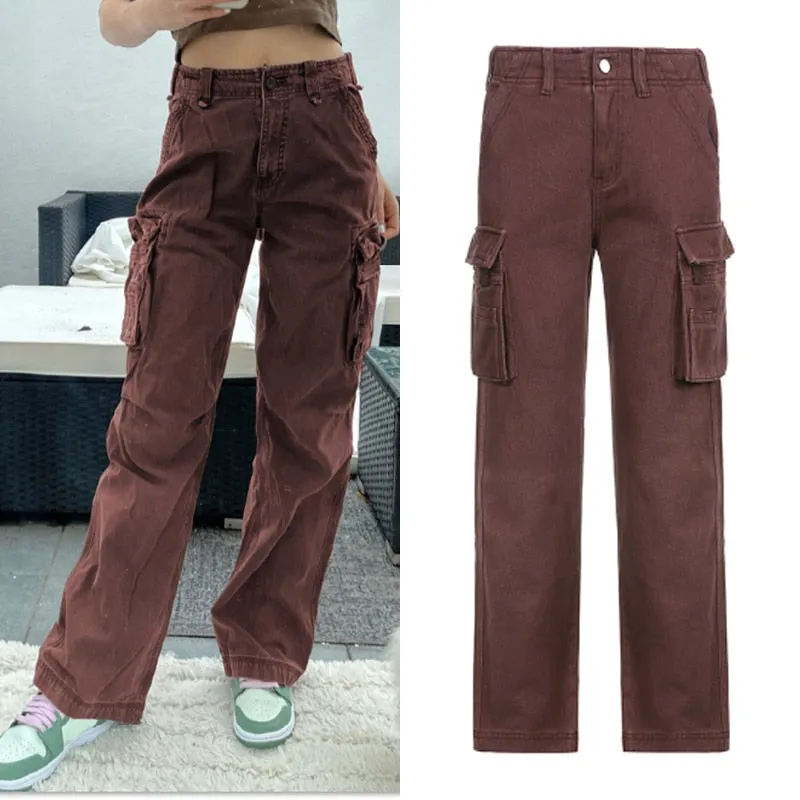 Amozae-  Vintage Khaki Wide Leg Cargo Jeans High Waist Big Pockets Baggy Denim Trousers Casual Oversized Pants Street Sweatpants