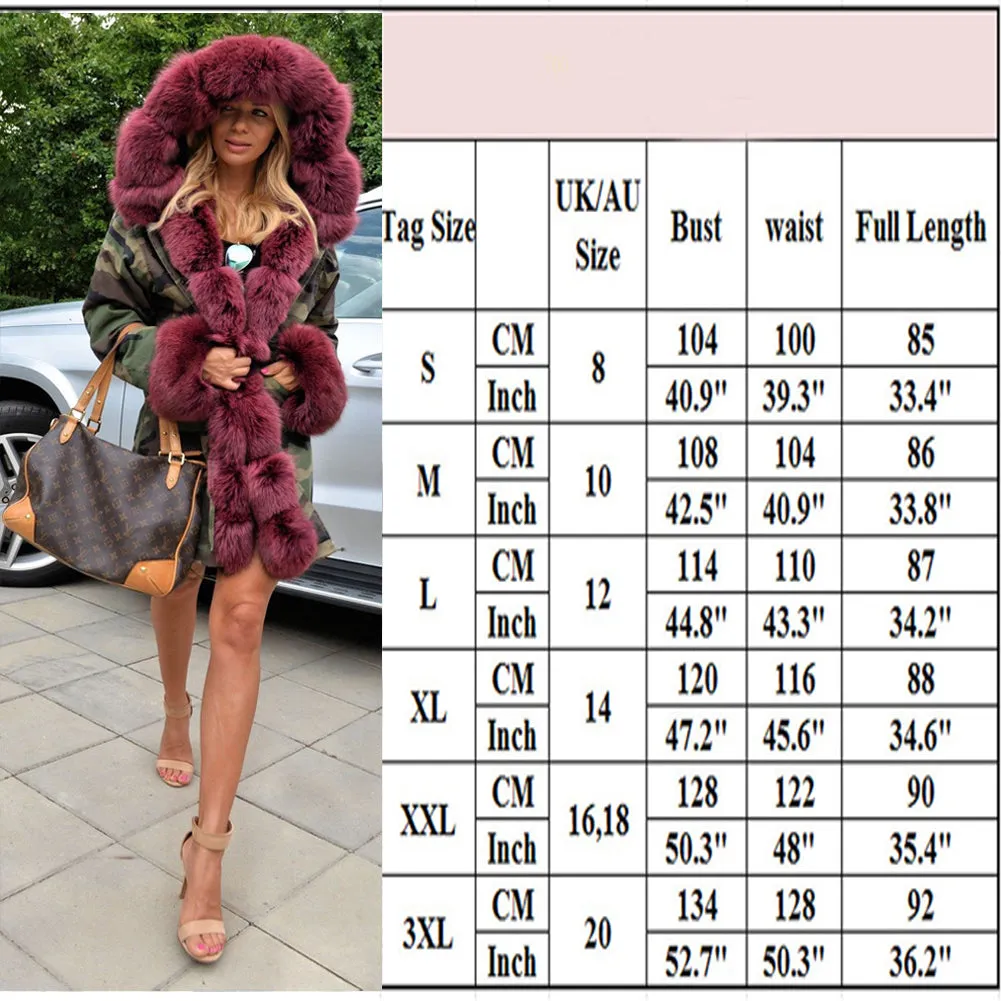 Aofur Women Faux Fur Camouflage Parka Women Hooded Long Winter Jacket Overcoat Plus Size S-3XL