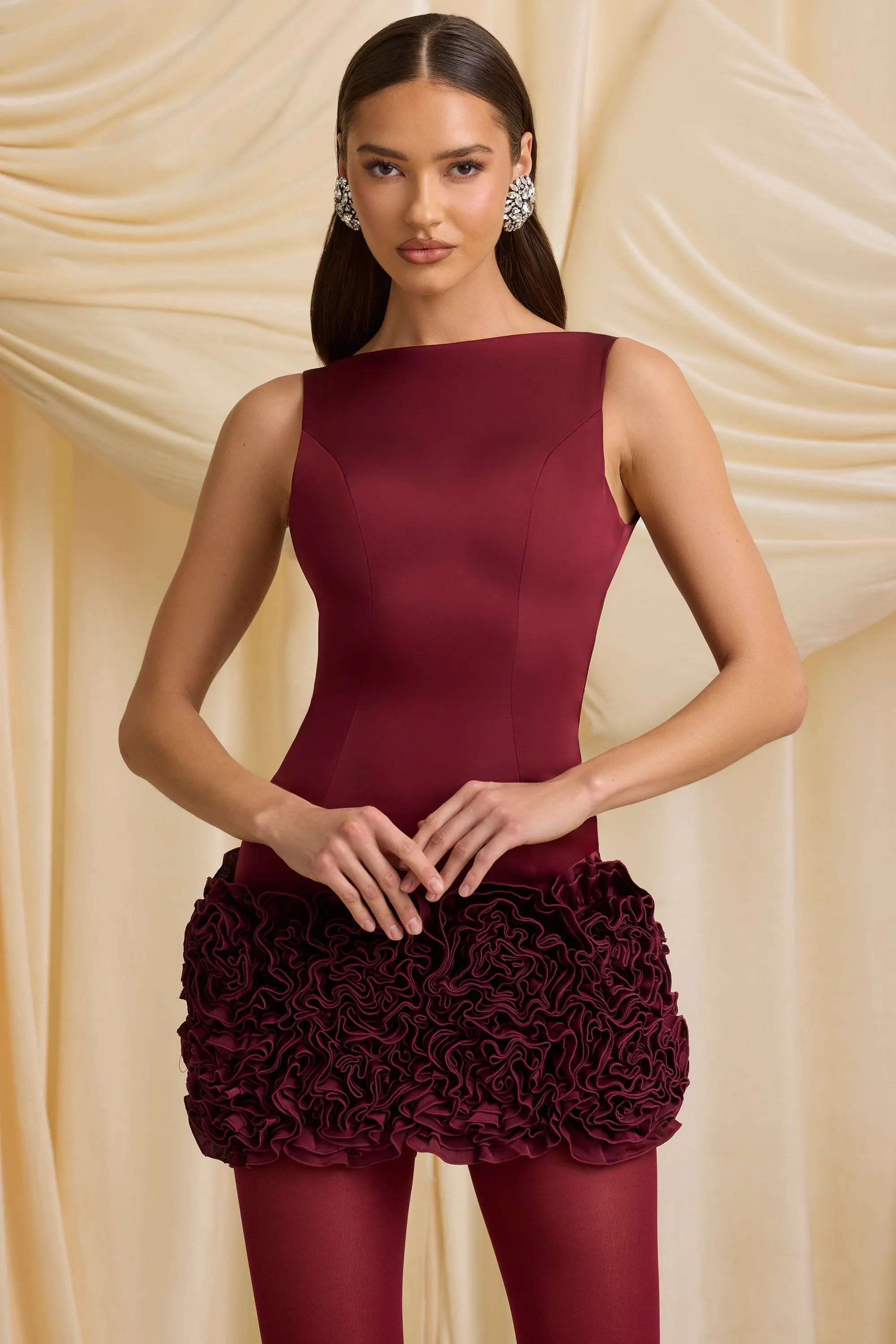 Appliqué Open-Back Mini Dress in Wine Red