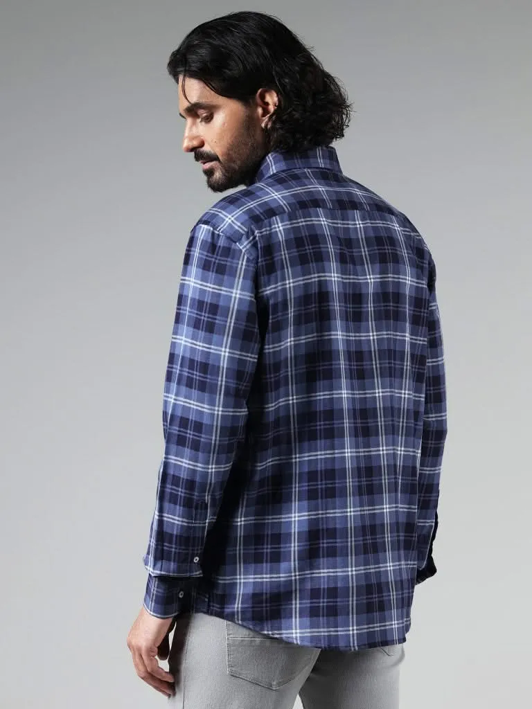 Ascot Blue Relaxed-Fit Checked Cotton Blend Shirt