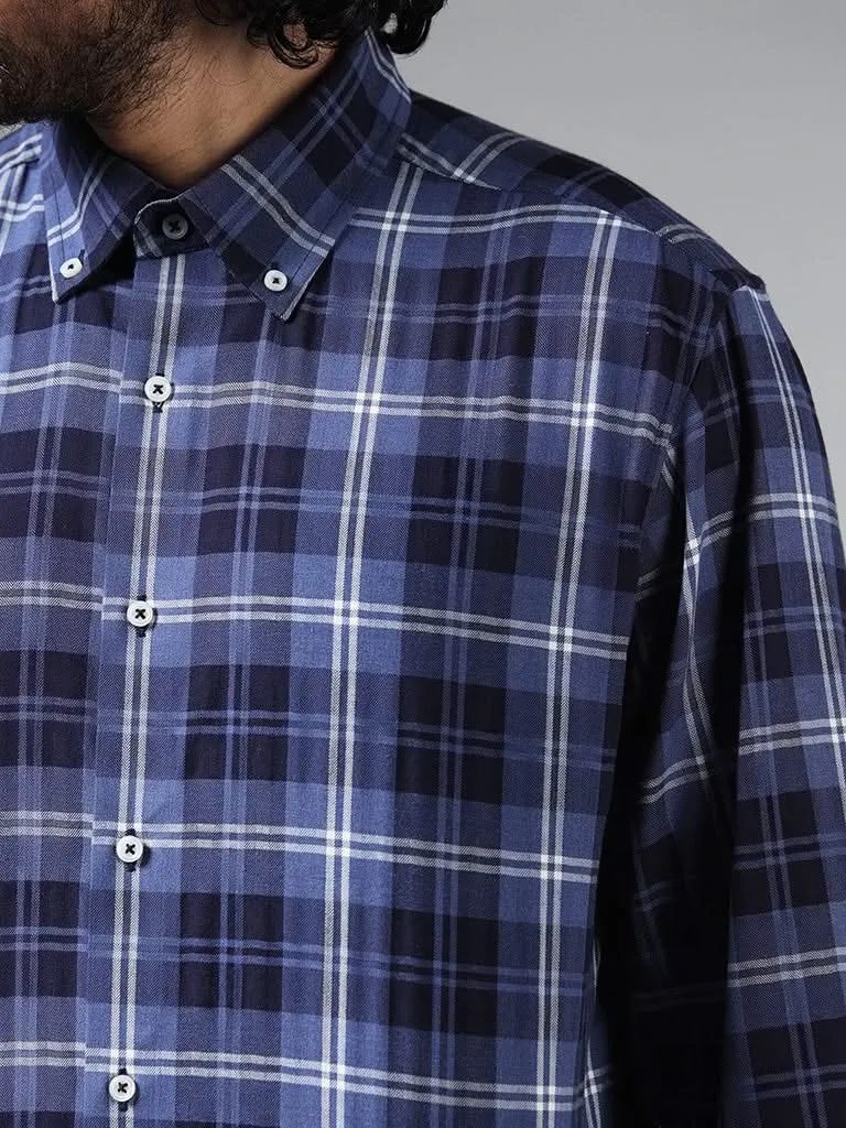 Ascot Blue Relaxed-Fit Checked Cotton Blend Shirt