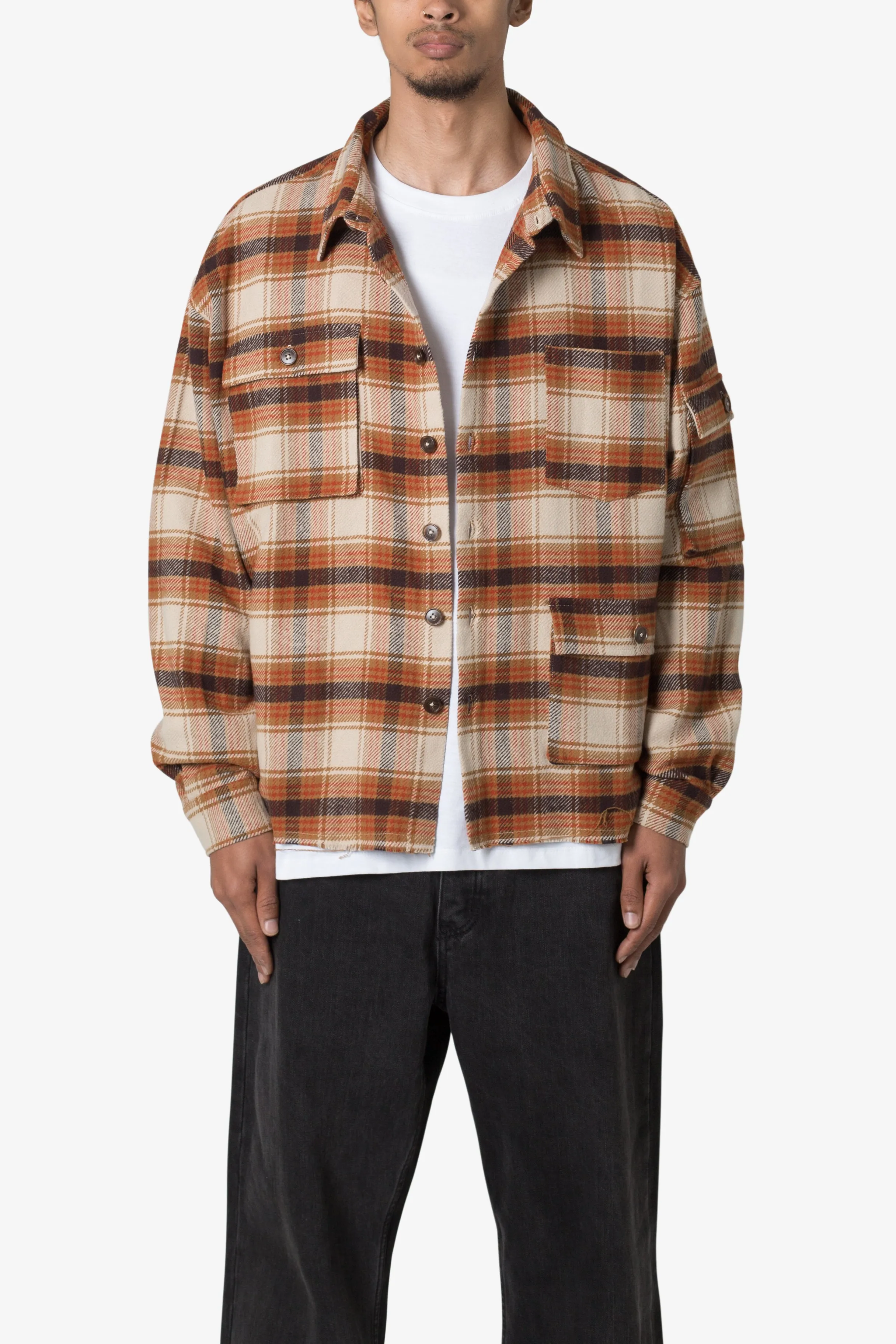 Asymmetrical Pocket Flannel Shirt - Brown