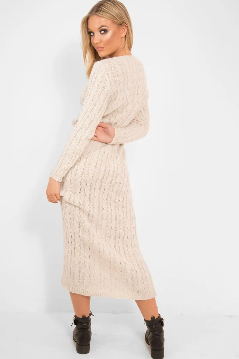 Beige Cable Knit Drawstring Waist Dress - Rhea