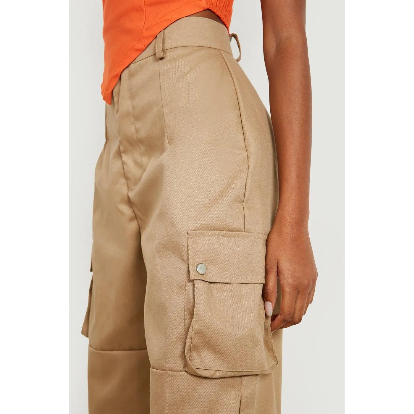 Beige High Waist Woven Cargo Pants