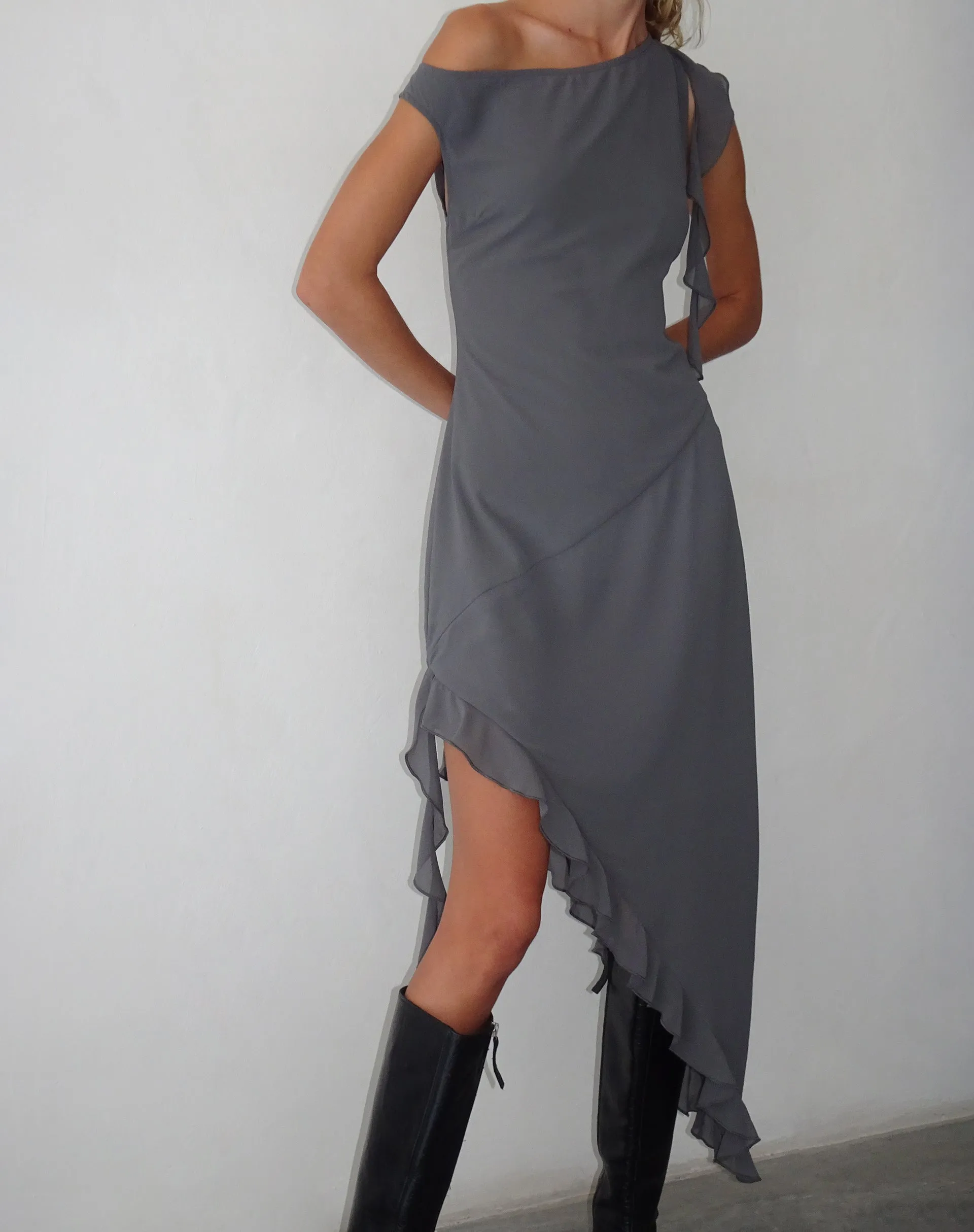 Beleri Ruffle Asymmetric Dress in Grey Chiffon