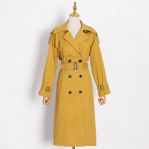 Belt Vintage Trench Coat For Women Lapel Long Sleeve Solid Patchwork Midi Coats Female Clothing Korean Fashion