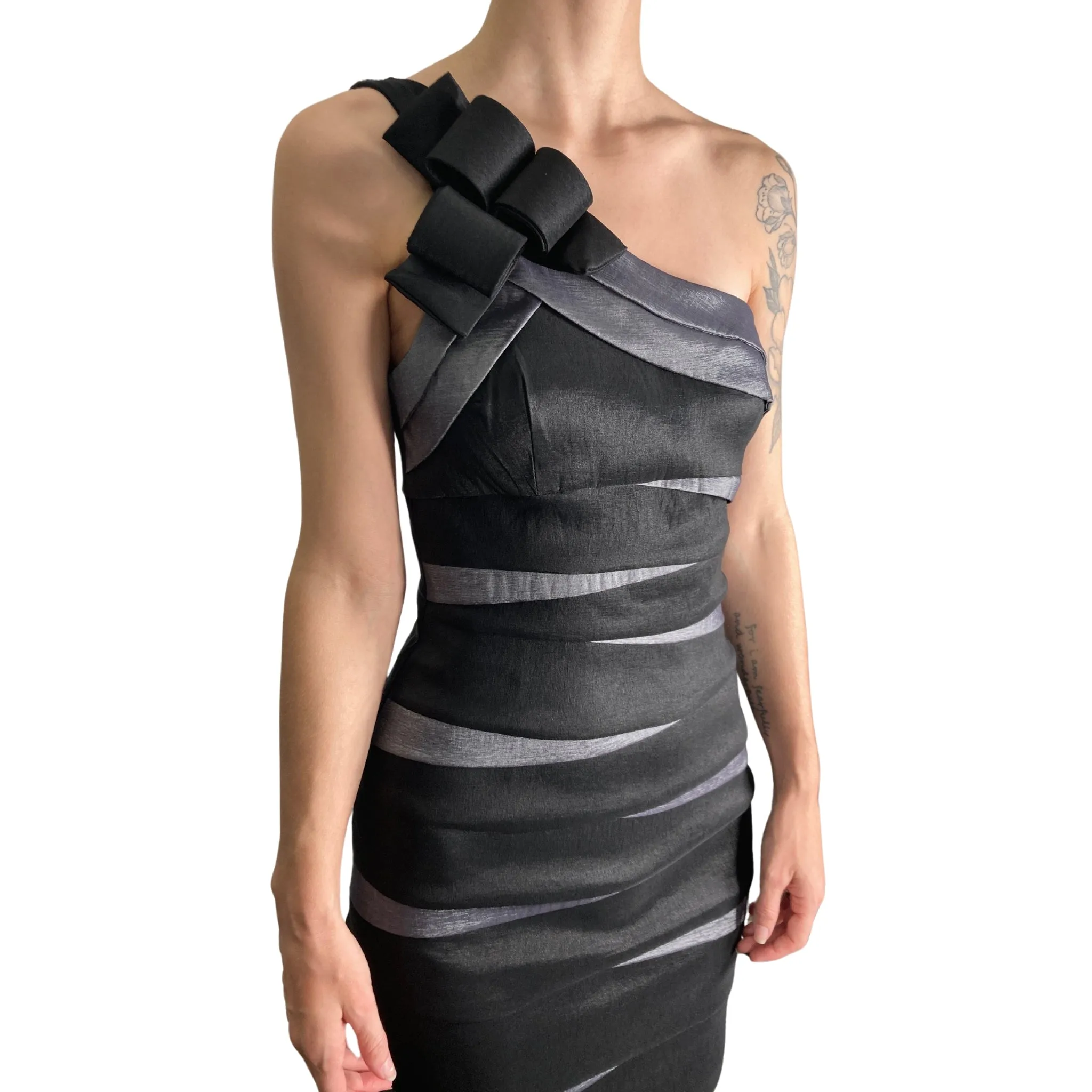 Betsy & Adam Silver & Black Single Shoulder Cocktail Dress