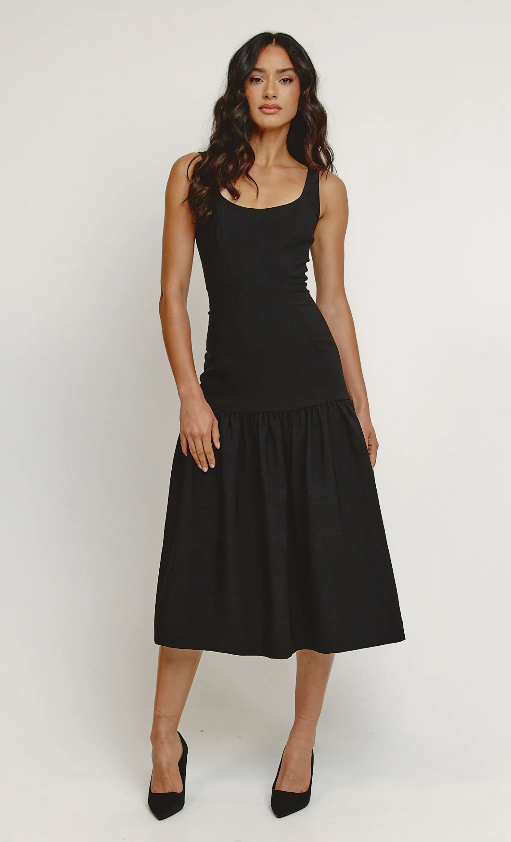 Black Drop Waist Midaxi Dress