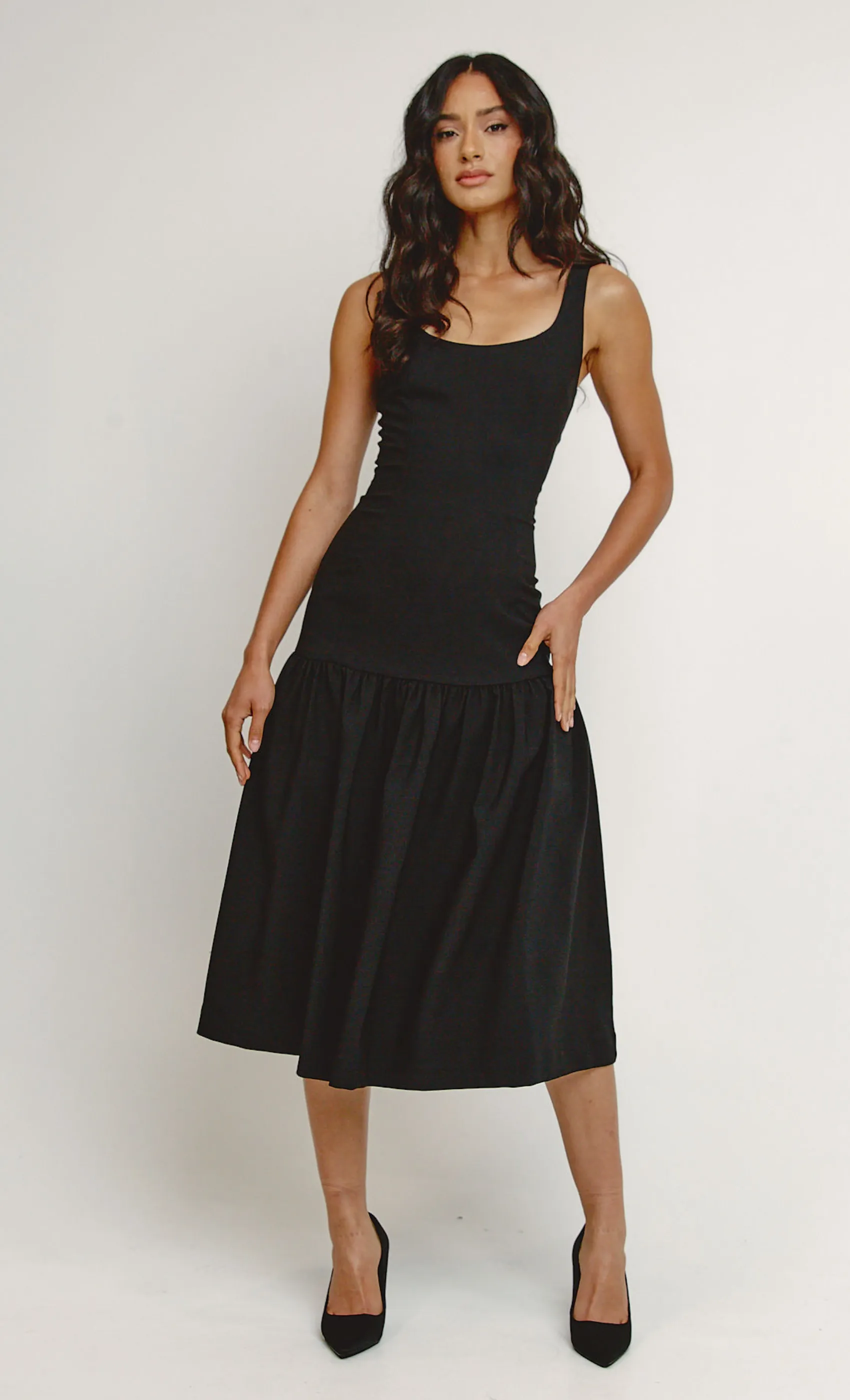 Black Drop Waist Midaxi Dress