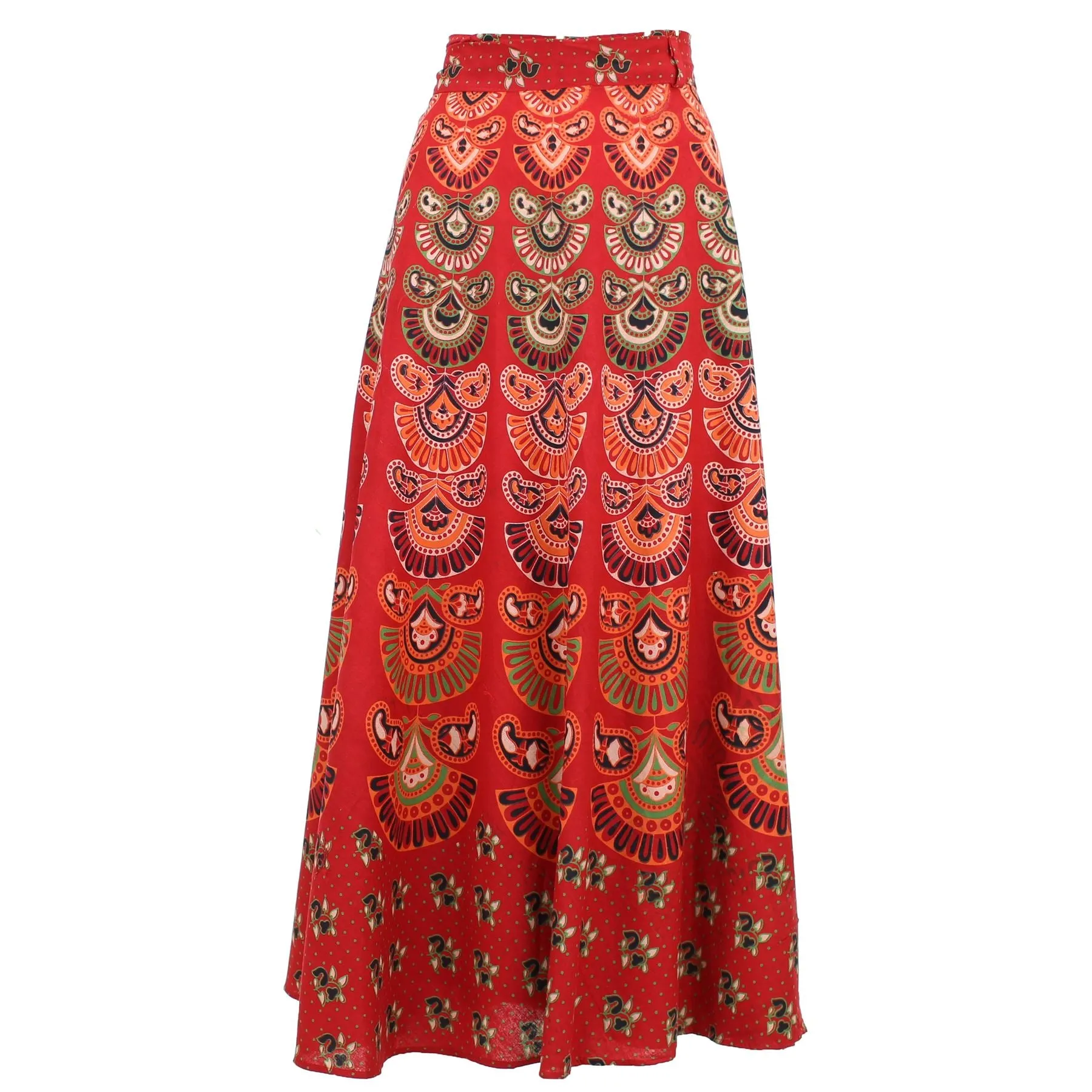 Block Print Mandala Maxi Wrap Skirt - Red