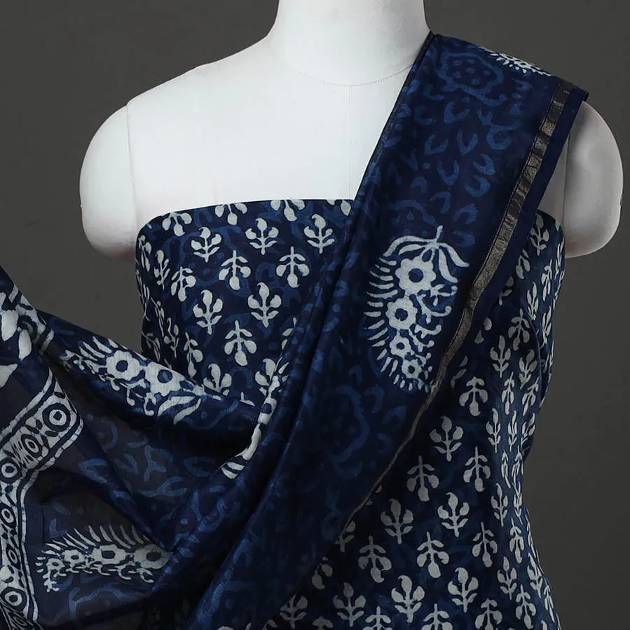 Blue - 3pc Chanderi Silk Bagru Print Dress Material 03