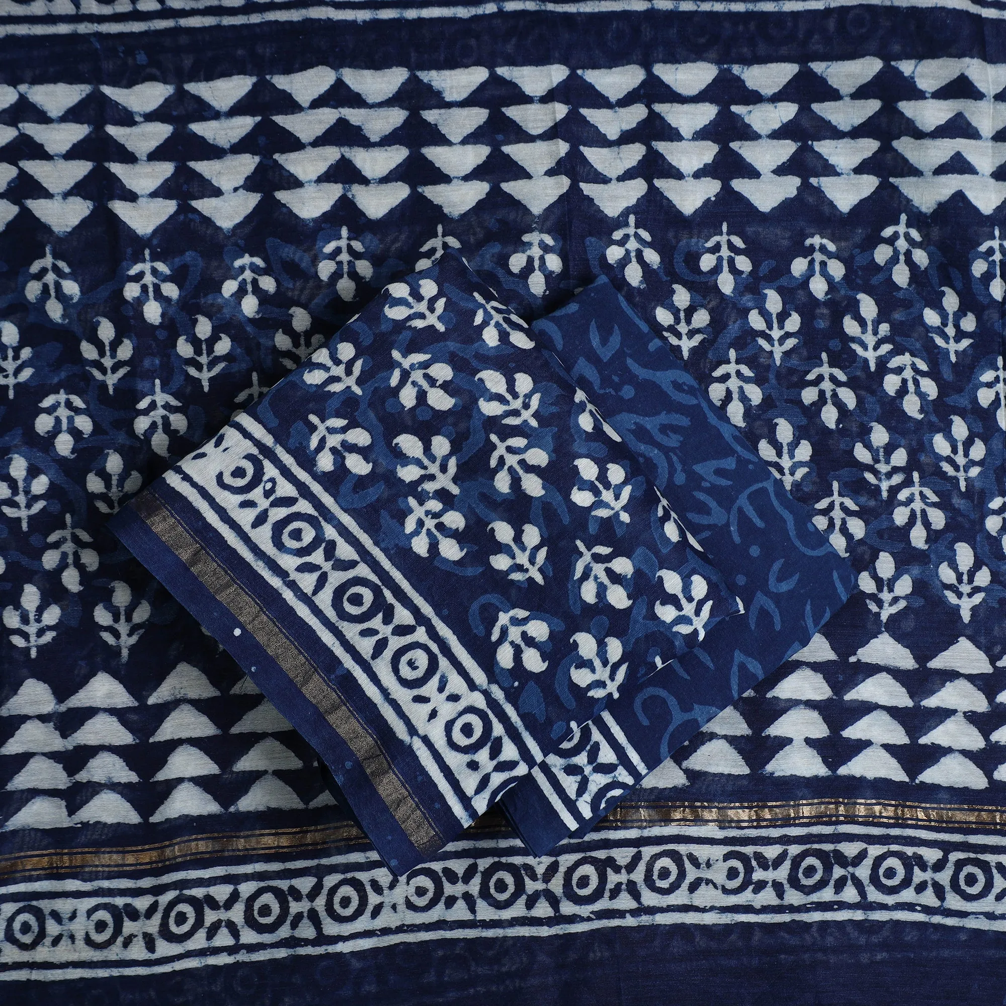 Blue - 3pc Chanderi Silk Bagru Print Dress Material 03