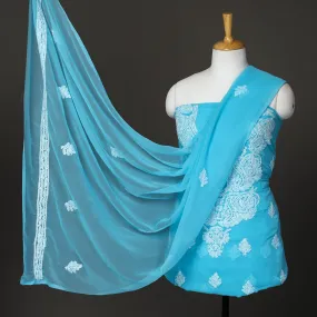 Blue - 3pc Hand Embroidery Georgette Chikankari Dress Material 04