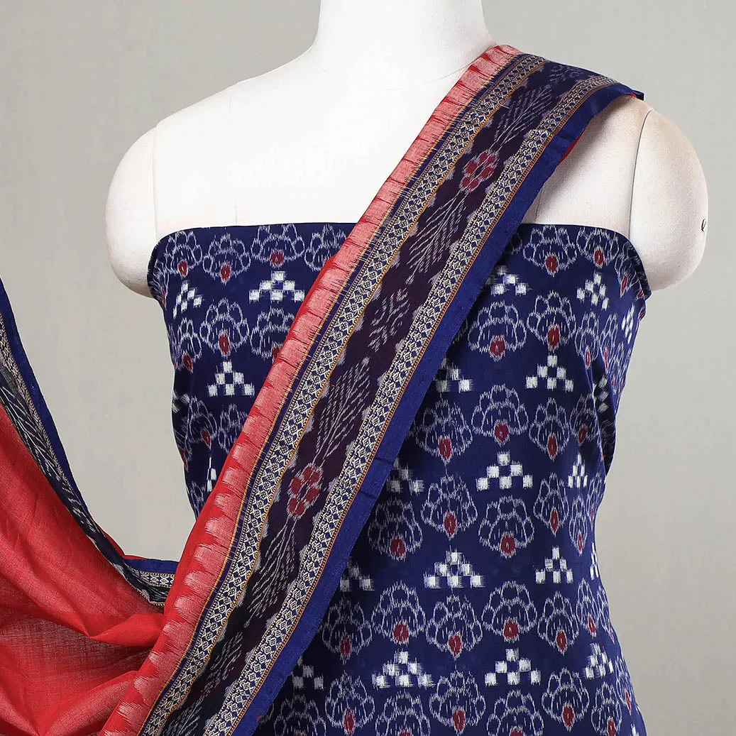 Blue - 3pc Sambalpuri Ikat Weave Handloom Cotton Suit Material Set