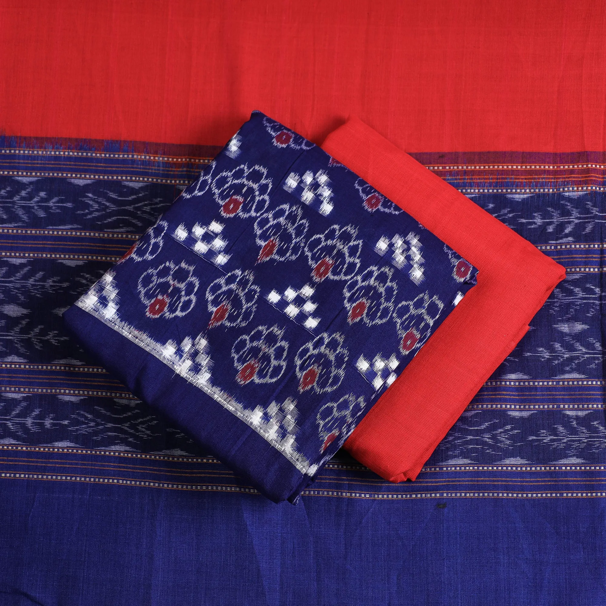 Blue - 3pc Sambalpuri Ikat Weave Handloom Cotton Suit Material Set