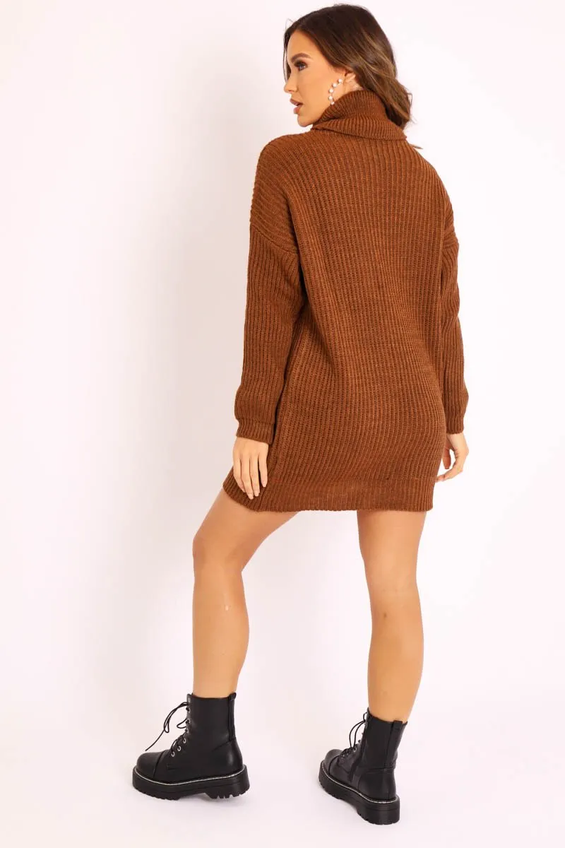 Brown Roll Neck Mini Jumper Dress - Dariyana