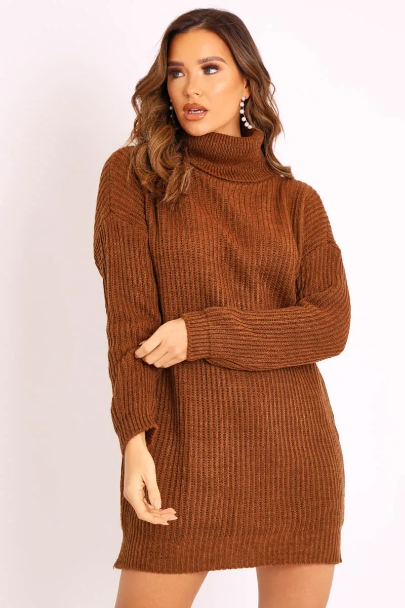 Brown Roll Neck Mini Jumper Dress - Dariyana